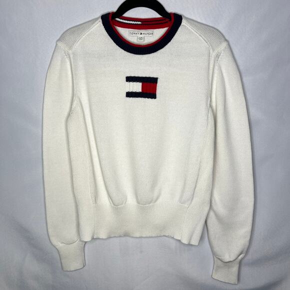 Vintage Tommy Hilfiger Flag Logo Off White Knit Cotton Sweater Womans Large - Picture 1 of 12